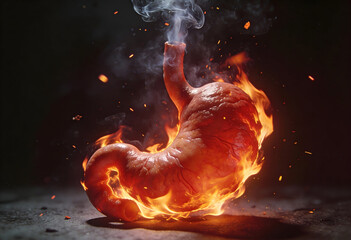 Medical 3d illustration shows inflamed burning stomach with acid reflux and digestive problem in orange fire