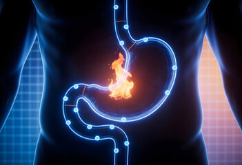 Glowing diagram of burning stomach with heartburn representing digestive problem and abdominal discomfort in human body