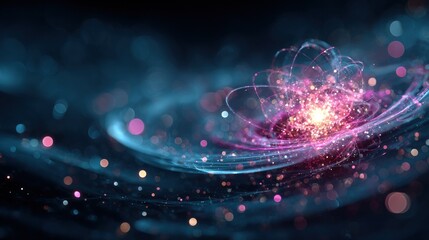 Abstract swirling blue and pink energy, central glow, sparkling particles, dark background