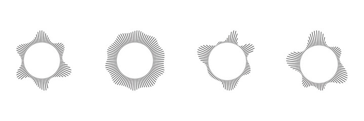 Circular shapes of sound waves, for audio music, round icons of voice, logos, equalizers, radials in spectrum, patterns in rings. Flat vector illustrations isolated on white background.