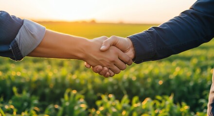 Handshake in field at sunset