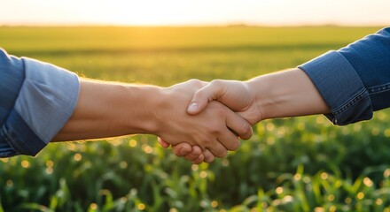 Handshake in field during sunset