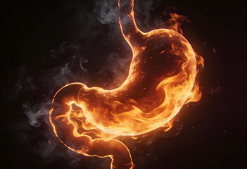 Burning stomach with fire effect depicting severe acid reflux symptom of gastrointestinal problems within body organ