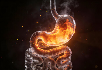 Conceptual burning stomach health problem in glowing transparent digestive system with inflammation and discomfort visual
