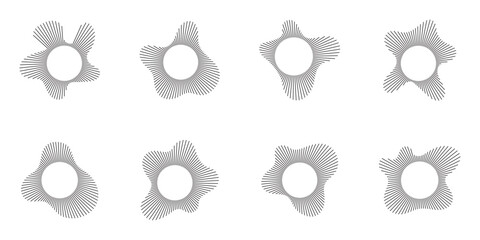 Music equalizer and sound wave. Circular sound waves, depicting audio music, icons and logos for equalizers, radial spectrum designs, ring patterns. Vector illustrations isolated on white background.