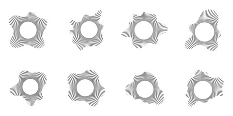Circular sound waves. Abstract circular lines pattern. Music audio bursts. Ring of thin rays with wavy silhouette. Radial spectrum design. Geometric waveform vector illustration isolated on white.