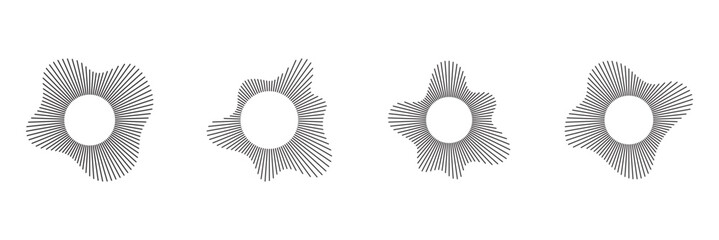 Circular sound waves. Abstract circular lines pattern. Music audio bursts. Ring of thin rays with wavy silhouette. Radial spectrum design. Geometric waveform vector illustration isolated on white.