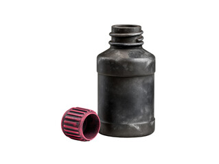 Close-up of a rustic, dark-colored bottle with its cap lying beside it Isolated Transparent Background, PNG