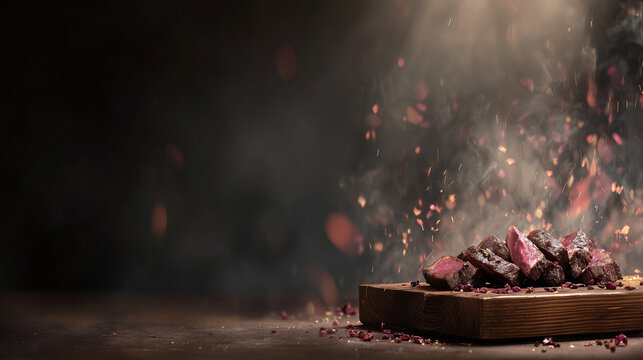 Festival del Asado, Raw Meat on Wooden Board with Rising Smoke at Festival del Asado Symbolizing Anticipation, Fire Cooking, and Barbecue Ritual