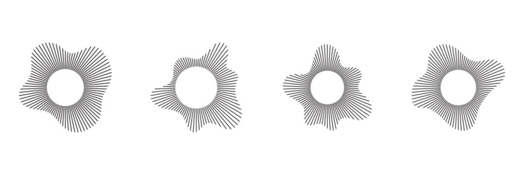 Circular sound waves. Abstract circular lines pattern. Music audio bursts. Ring of thin rays with wavy silhouette. Radial spectrum design. Geometric waveform vector illustration isolated on white.