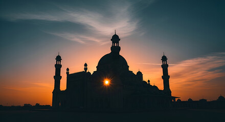 Silhouette of a Mosque with Sunburst at Sunset, Islamic Architecture Photography, Religious Travel and Culture Background