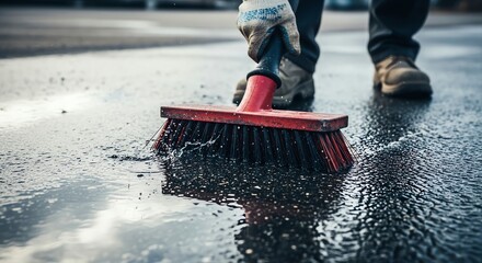 Man sweeping wet pavement with brush