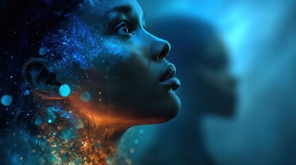 Ethereal profile of a woman with glowing blue and orange starry particles on her skin