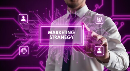 Hand selects marketing strategy concept on futuristic purple digital interface
