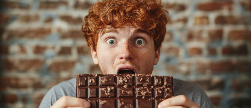 A young man with red hair and expressive facial expressions bites into a chocolate bar against a brick wall &mdash; the perfect visual for advertising sweets or an atmospheric backdrop for a culinary blog.