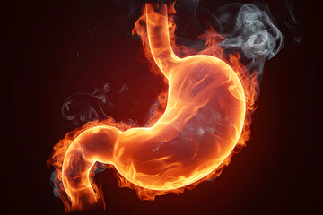 Realistic burning stomach as representation of digestive problems and health issues with smoke effect on dark background