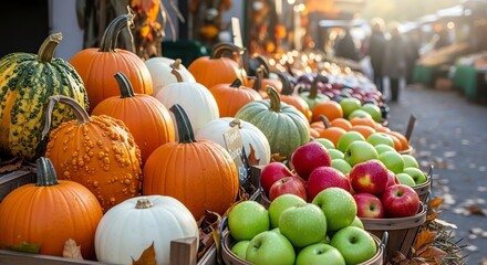 Pumpkins apples and gourds at autumn market