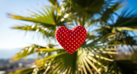 Red heart decoration on palm leaves