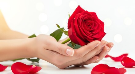 Red rose held in woman's hands