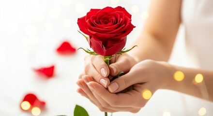 Red rose held in hands with blurred lights