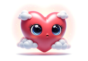 Obraz premium Cute cartoon heart character with big eyes and fluffy clouds isolated on transparent background transparent background