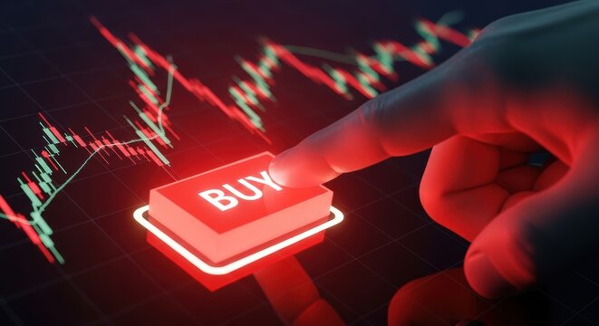 Finger pressing glowing red buy button on digital stock market trading screen