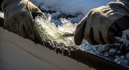 Removing ice from gutter with gloved hands