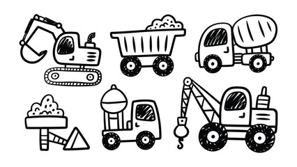 Construction Vehicles Doodle: A charming collection of hand-drawn construction vehicles, capturing the raw essence of construction and transport in a simple and delightful way. © abidakhatun