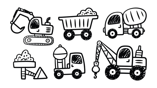 Construction Vehicles Doodle: A charming collection of hand-drawn construction vehicles, capturing the raw essence of construction and transport in a simple and delightful way.