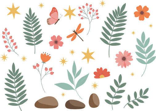 Cute floral and nature illustration set with leaves, flowers, butterfly, stars, and decorative botanical elements in soft pastel flat vector style