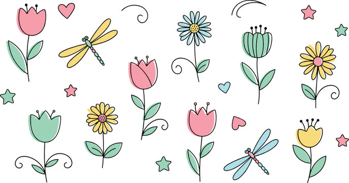 Cute floral doodle illustration set with hand drawn flowers, dragonflies, hearts, and whimsical spring nature elements in playful flat vector style