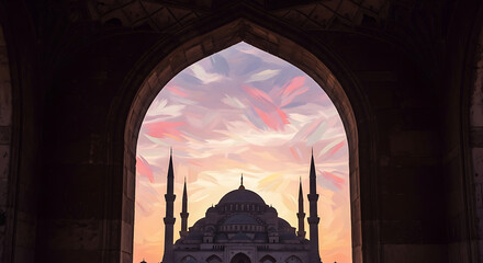 Mosque view through stone archway during golden sunset