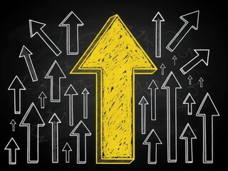 Prominent arrow pointing upwards surrounded by smaller arrows