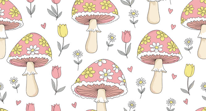 Cute floral mushroom seamless pattern vector illustration with flowers and hearts, whimsical pastel woodland background design for kids, fabric and stationery isolated