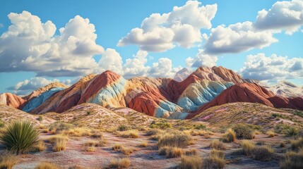 Rainbow Mountains: A Vibrant Landscape Under a Cloudy Sky