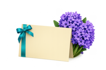 Empty greeting card with hyacinth flowers and ribbon