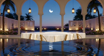 Night scene marble podium on water with hanging lanterns