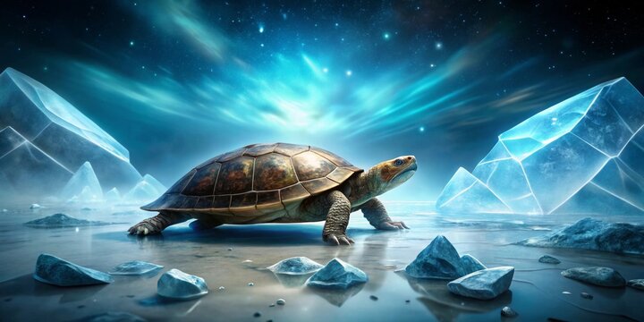 A lone tortoise journeys across a frozen expanse under an ethereal aurora, a mystical scene of resilience and quiet strength.