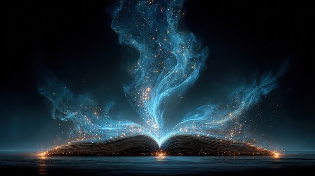 Glowing open book releases blue and gold magical particles into dark, misty air