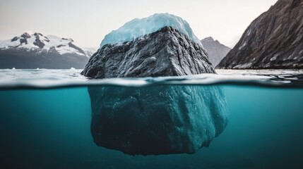 Massive iceberg floating in ocean with visible underwater section near mountainous landscape