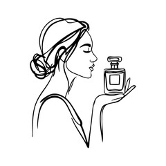 Dibujo sencillo con líneas de una mujer de perfil sujetando una botella de perfume en la mano  © teracreonte