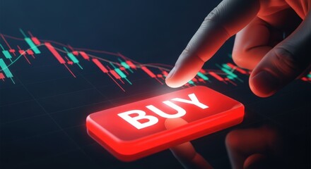 Finger pressing glowing red buy button on a digital stock market screen
