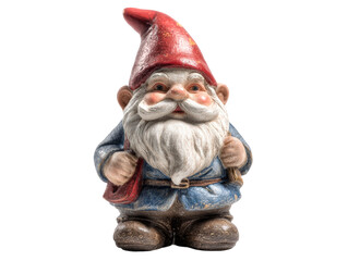 Obraz premium A charming garden gnome figurine with a red hat and a long white beard, holding a small bag Isolated Transparent Background, PNG