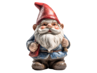 A charming garden gnome figurine with a red hat and a long white beard, holding a small bag Isolated Transparent Background, PNG