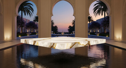 Floating marble podium on water during beautiful sunset