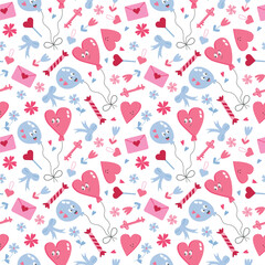 Valentine Day Seamless Pattern with Hearts, Balloons and Love Symbols