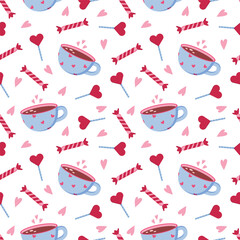 Cute Valentine Day Seamless Pattern with Romantic Cups, Candies and Love Symbols
