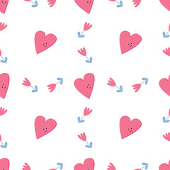 Valentine Day Seamless Pattern with Cute Hearts and Romantic Flowers on white background