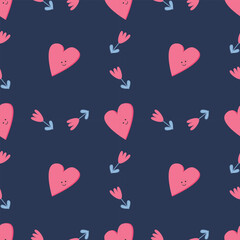 Valentine Day Seamless Pattern with Cute Hearts and Love Flowers on dark blue background