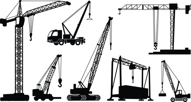Cartoon construction crane silhouette icon set with tower, crawler, gantry, mobile, and truck-mounted cranes in black-and-white.